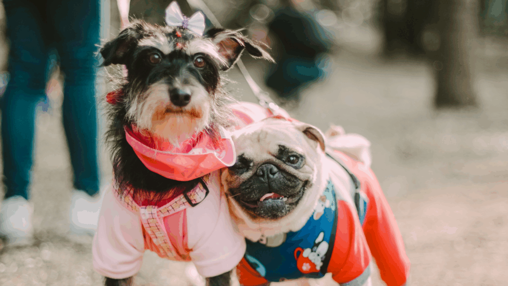 Two small dogs dressed up at a dog parade in Mexico Beach.